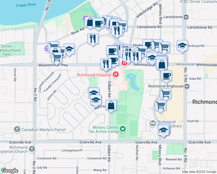map of restaurants, bars, coffee shops, grocery stores, and more near 6211 Gilbert Road in Richmond