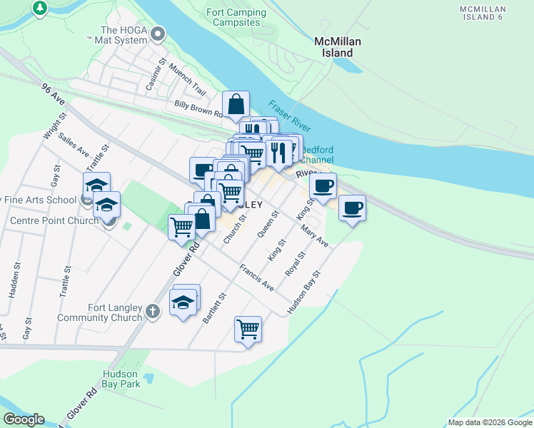 map of restaurants, bars, coffee shops, grocery stores, and more near 9129 Queen Street in Langley Township