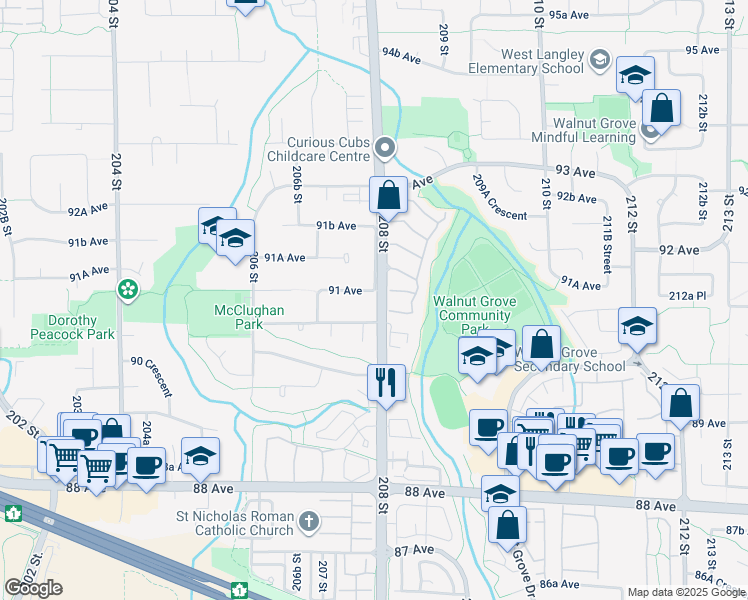 map of restaurants, bars, coffee shops, grocery stores, and more near 20792 91 Avenue in Langley Township