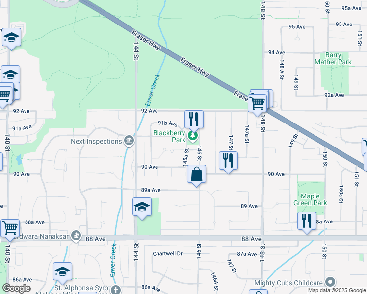 map of restaurants, bars, coffee shops, grocery stores, and more near 14543 91 Avenue in Surrey