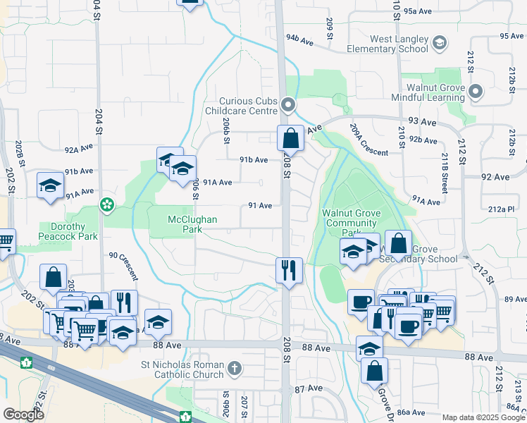 map of restaurants, bars, coffee shops, grocery stores, and more near 20760 91 Avenue in Langley Township