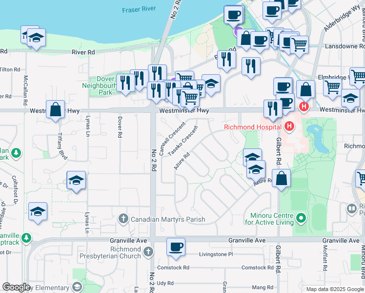 map of restaurants, bars, coffee shops, grocery stores, and more near 6180 Taseko Crescent in Richmond