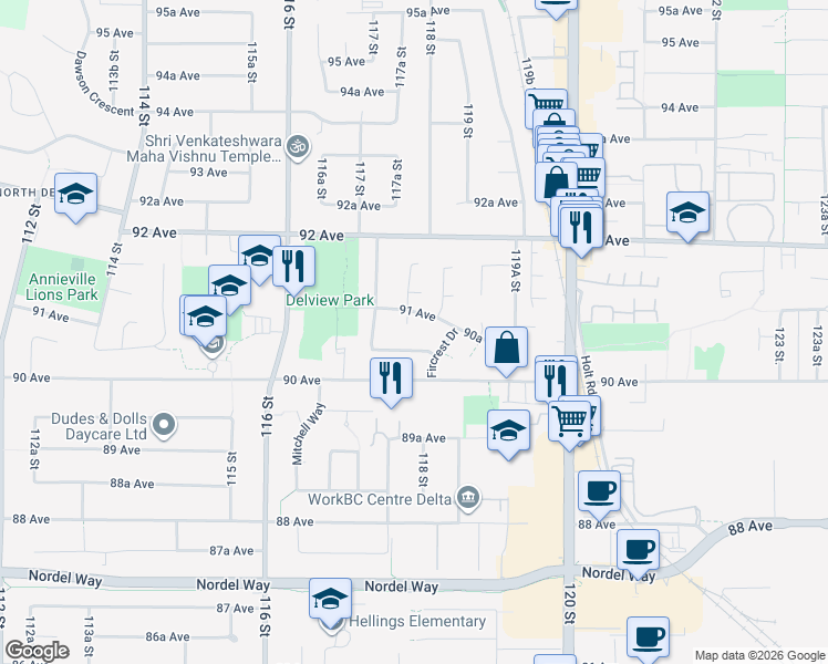 map of restaurants, bars, coffee shops, grocery stores, and more near 9078 118 Street in Delta