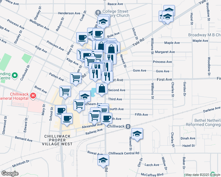 map of restaurants, bars, coffee shops, grocery stores, and more near in Chilliwack