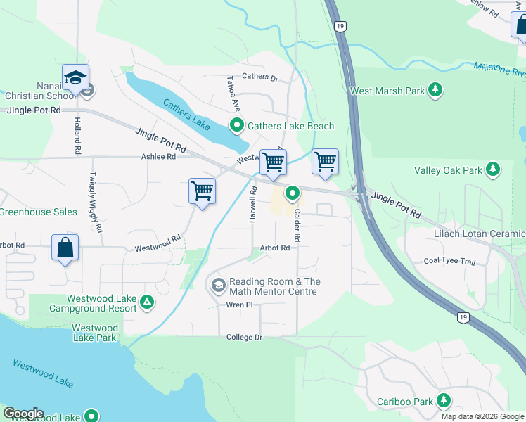 map of restaurants, bars, coffee shops, grocery stores, and more near 24 Harwell Place in Nanaimo