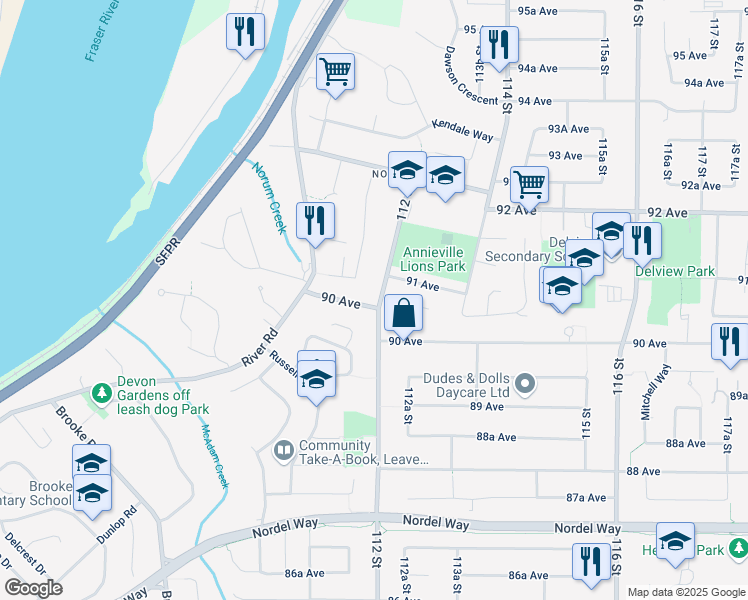 map of restaurants, bars, coffee shops, grocery stores, and more near 11191 90 Avenue in Delta