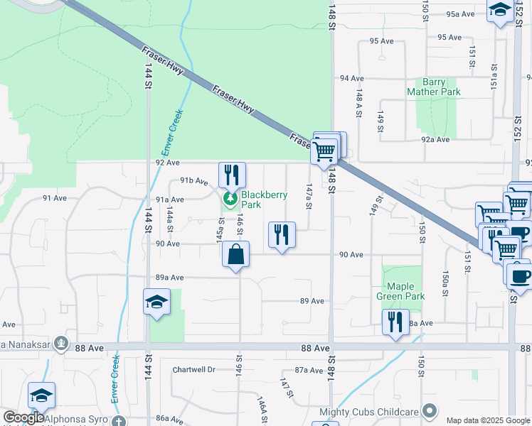map of restaurants, bars, coffee shops, grocery stores, and more near 9088 146A Street in Surrey