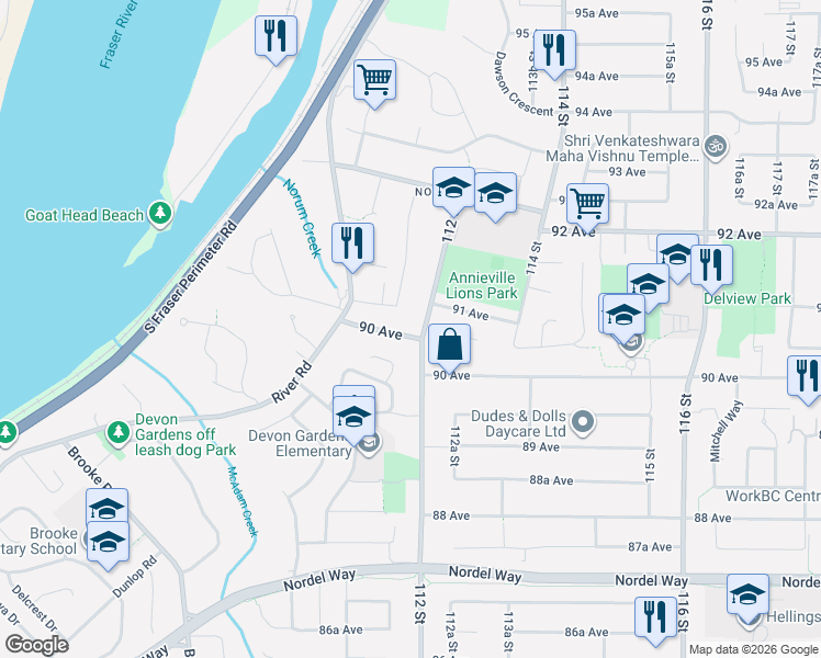 map of restaurants, bars, coffee shops, grocery stores, and more near 11181 90 Avenue in Delta