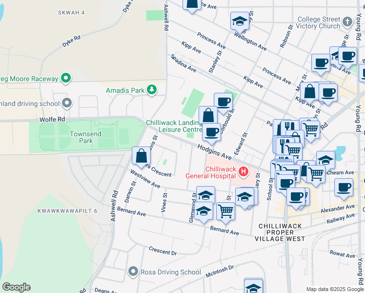 map of restaurants, bars, coffee shops, grocery stores, and more near 45384 Hodgins Avenue in Chilliwack