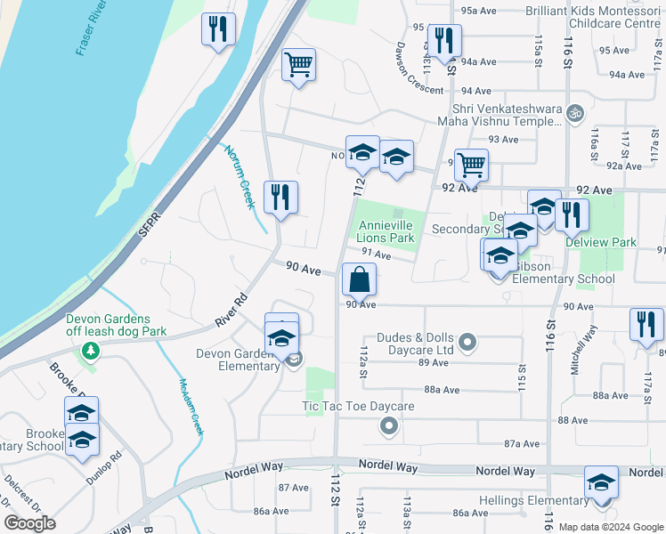 map of restaurants, bars, coffee shops, grocery stores, and more near 11191 90 Avenue in Delta