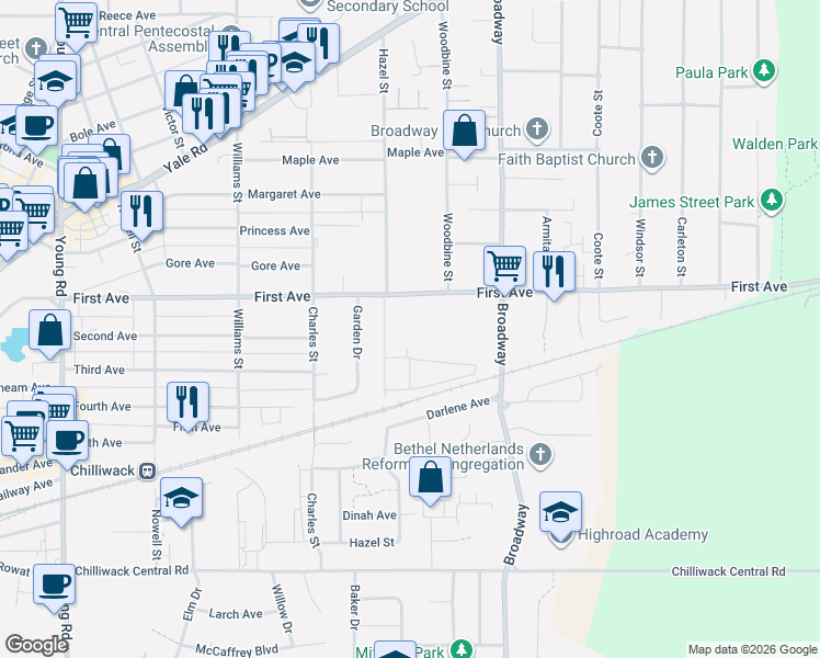 map of restaurants, bars, coffee shops, grocery stores, and more near 9140 Hazel Street in Chilliwack