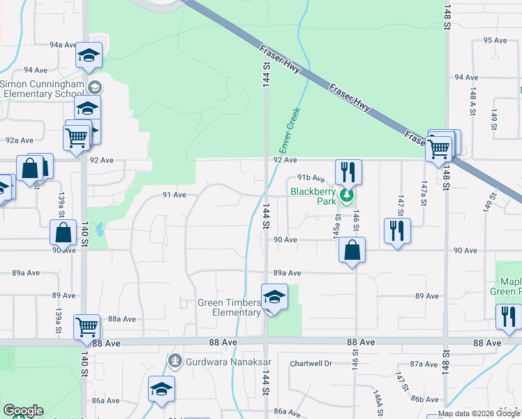 map of restaurants, bars, coffee shops, grocery stores, and more near 9087 144 Street in Surrey