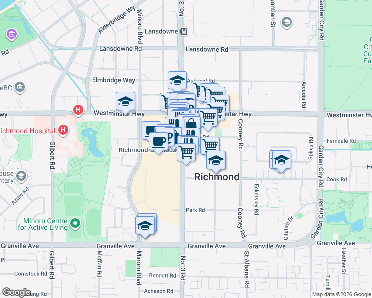 map of restaurants, bars, coffee shops, grocery stores, and more near 6188 Number 3 Road in Richmond
