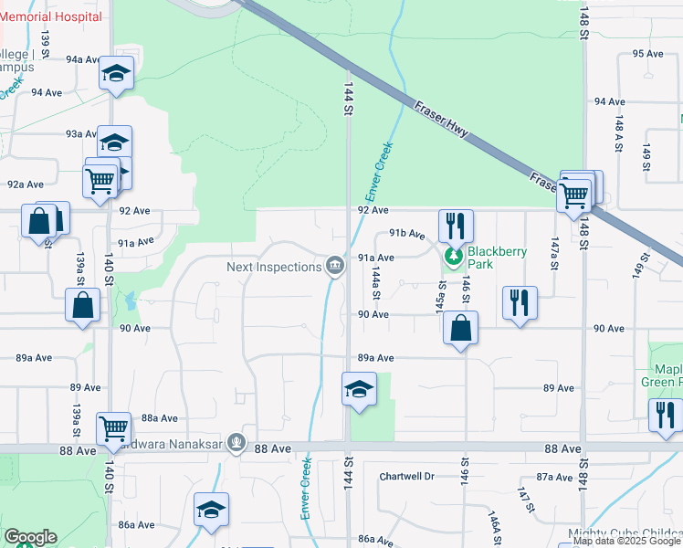map of restaurants, bars, coffee shops, grocery stores, and more near 9087 144 Street in Surrey