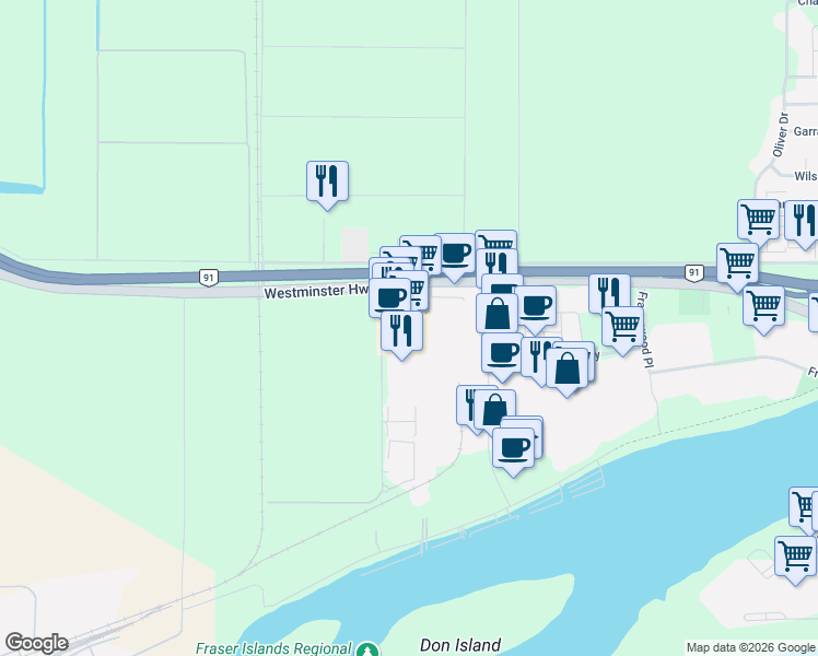 map of restaurants, bars, coffee shops, grocery stores, and more near 20800 Westminster Highway in Richmond