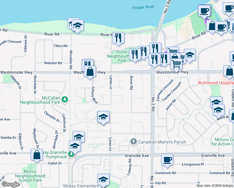 map of restaurants, bars, coffee shops, grocery stores, and more near 5571 Pearl Court in Richmond