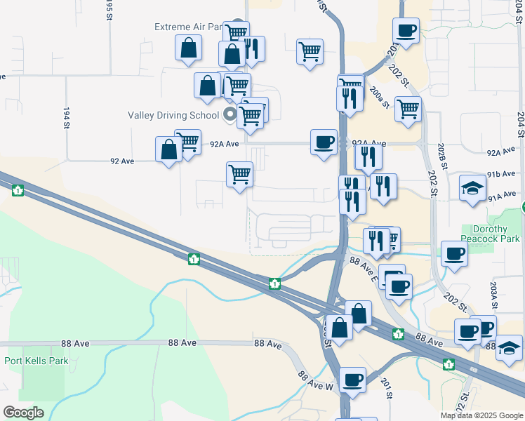 map of restaurants, bars, coffee shops, grocery stores, and more near 9087b 198 Street in Langley City