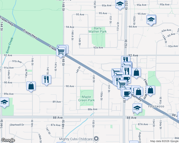 map of restaurants, bars, coffee shops, grocery stores, and more near 14978 Fraser Highway in Surrey