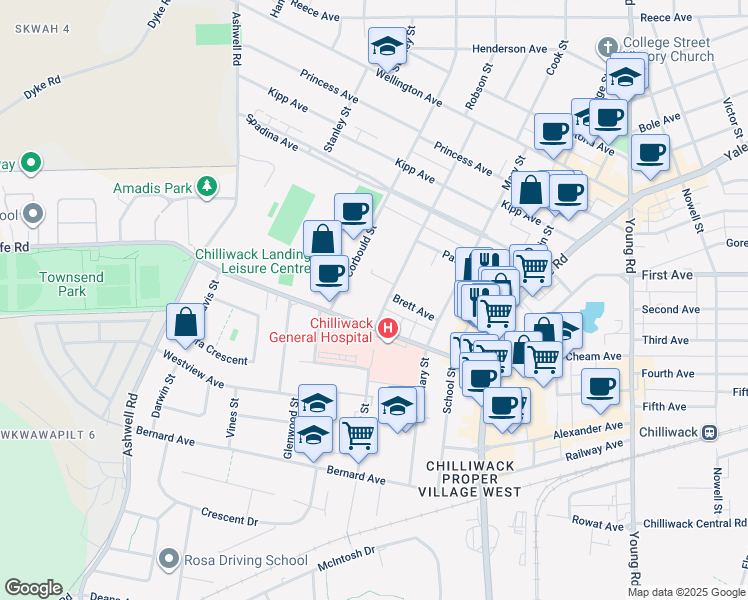 map of restaurants, bars, coffee shops, grocery stores, and more near 9143 Edward Street in Chilliwack