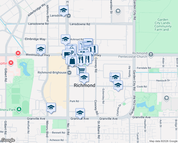 map of restaurants, bars, coffee shops, grocery stores, and more near 6340 Buswell Street in Richmond