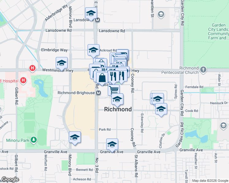 map of restaurants, bars, coffee shops, grocery stores, and more near 6331 Buswell Street in Richmond