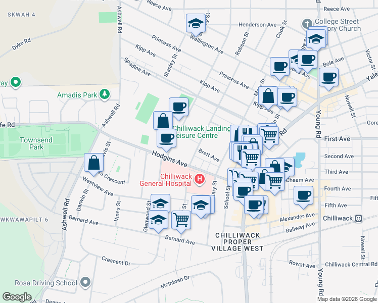map of restaurants, bars, coffee shops, grocery stores, and more near 9143 Edward Street in Chilliwack