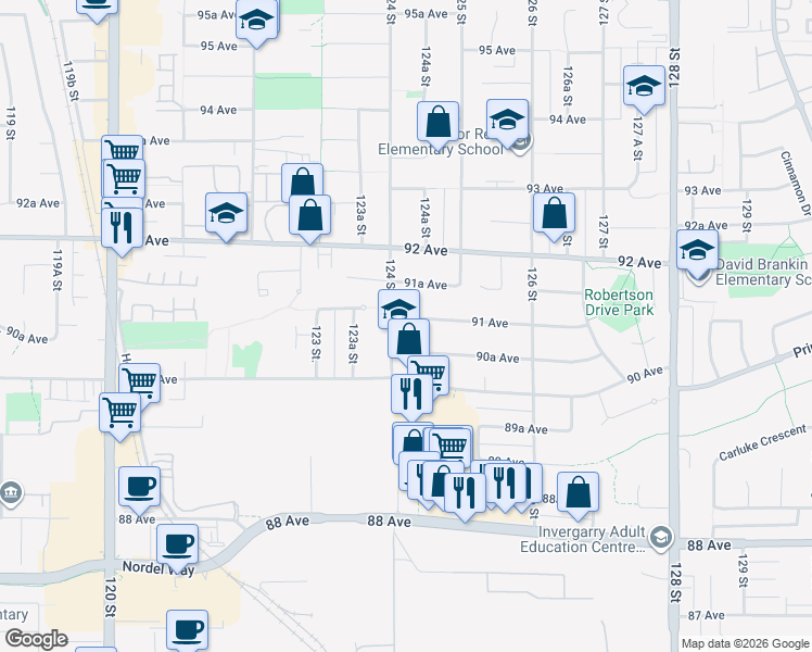 map of restaurants, bars, coffee shops, grocery stores, and more near 12420 91 Avenue in Surrey