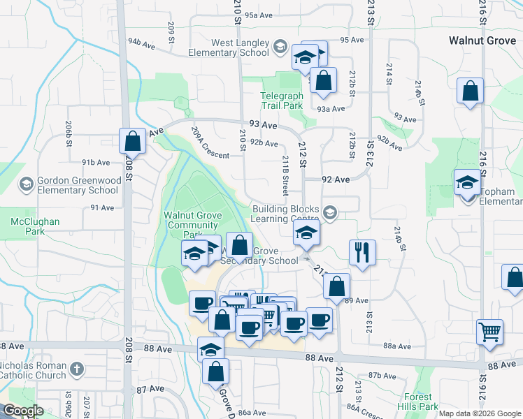 map of restaurants, bars, coffee shops, grocery stores, and more near 21096 91A Avenue in Langley Township
