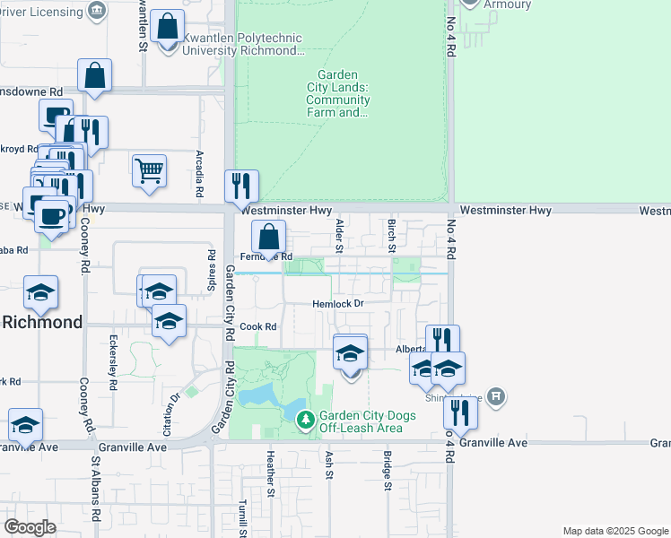 map of restaurants, bars, coffee shops, grocery stores, and more near 9420 Ferndale Road in Richmond