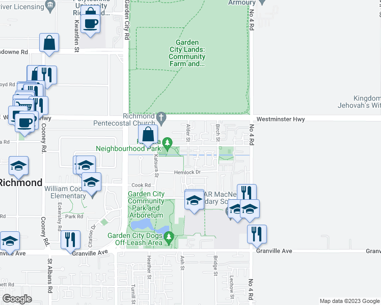 map of restaurants, bars, coffee shops, grocery stores, and more near 9440 Ferndale Road in Richmond