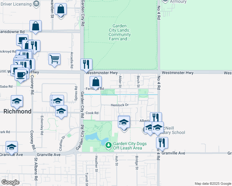 map of restaurants, bars, coffee shops, grocery stores, and more near 9400 Ferndale Road in Richmond