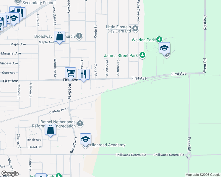 map of restaurants, bars, coffee shops, grocery stores, and more near 9122 Hiebert Street in Chilliwack