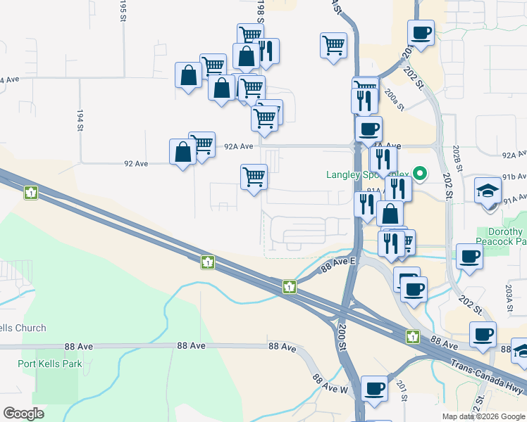 map of restaurants, bars, coffee shops, grocery stores, and more near 9080 198 Street in Langley Township