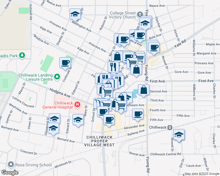 map of restaurants, bars, coffee shops, grocery stores, and more near 45955 Yale Road in Chilliwack