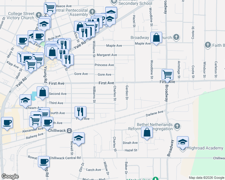 map of restaurants, bars, coffee shops, grocery stores, and more near 9145 Charles Street in Chilliwack