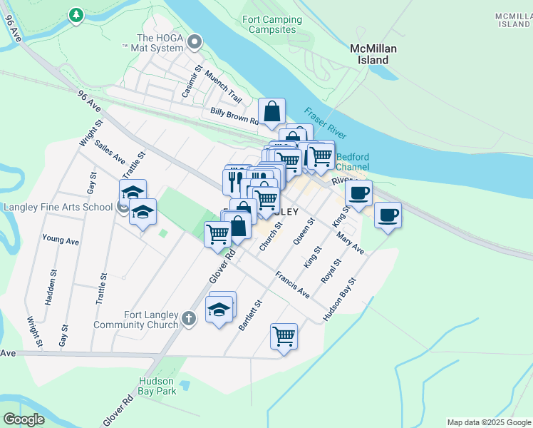 map of restaurants, bars, coffee shops, grocery stores, and more near 9124 Glover Road in Langley Township