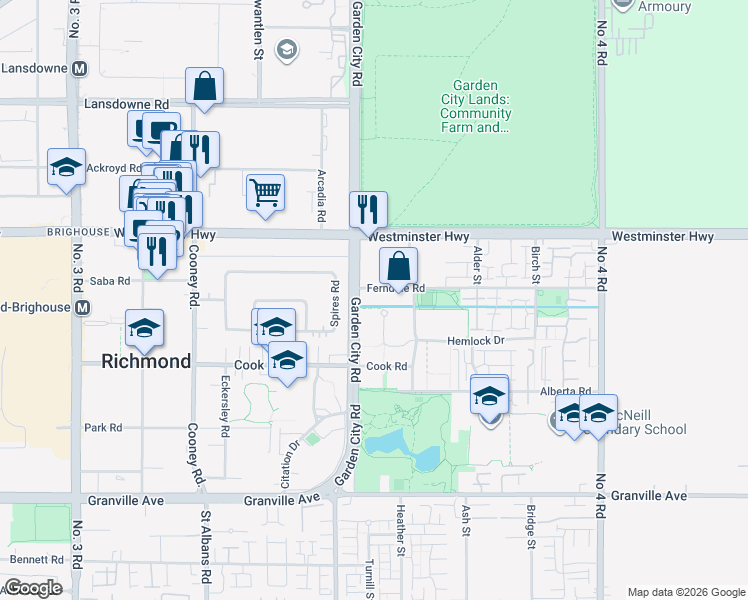 map of restaurants, bars, coffee shops, grocery stores, and more near 9100 Ferndale Road in Richmond