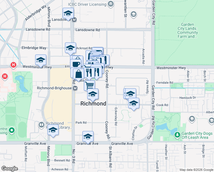 map of restaurants, bars, coffee shops, grocery stores, and more near Cooney Road in Richmond