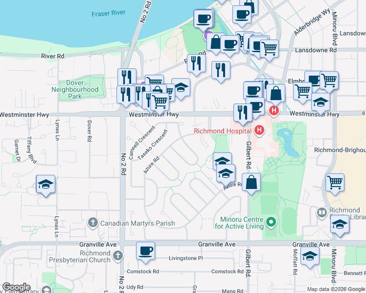 map of restaurants, bars, coffee shops, grocery stores, and more near 6040 Skaha Crescent in Richmond