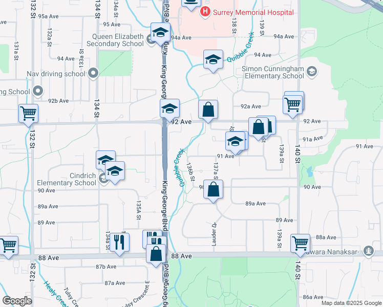 map of restaurants, bars, coffee shops, grocery stores, and more near 13677 91 Avenue in Surrey