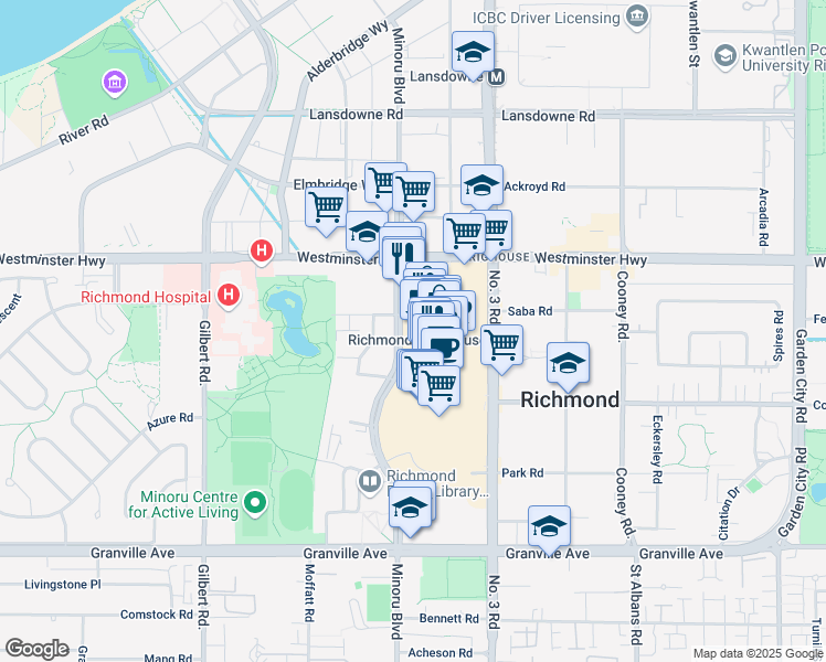 map of restaurants, bars, coffee shops, grocery stores, and more near 6088 Minoru Boulevard in Richmond