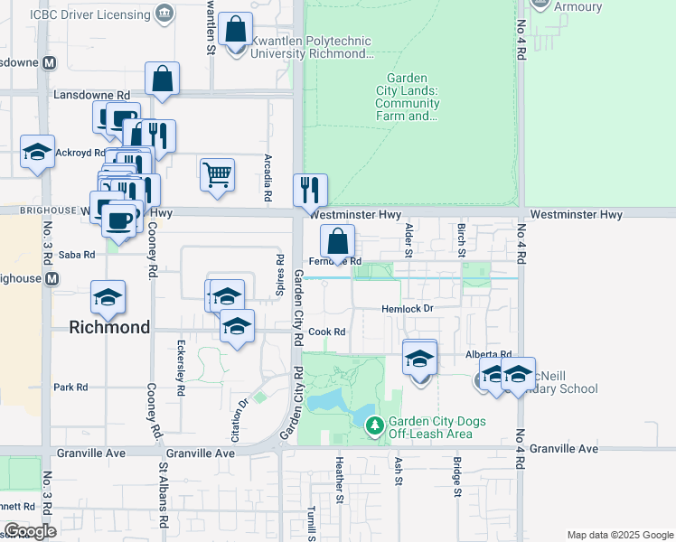 map of restaurants, bars, coffee shops, grocery stores, and more near 9200 Ferndale Road in Richmond