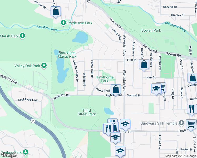 map of restaurants, bars, coffee shops, grocery stores, and more near 620 Sarum Rise Way in Nanaimo