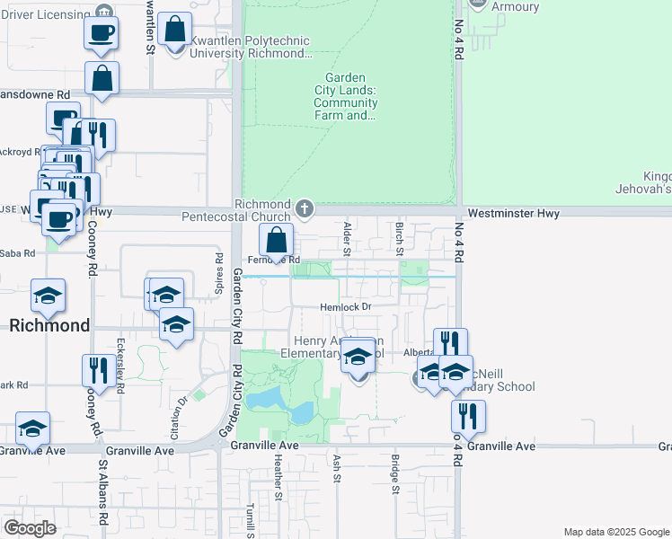 map of restaurants, bars, coffee shops, grocery stores, and more near 9400 Ferndale Road in Richmond