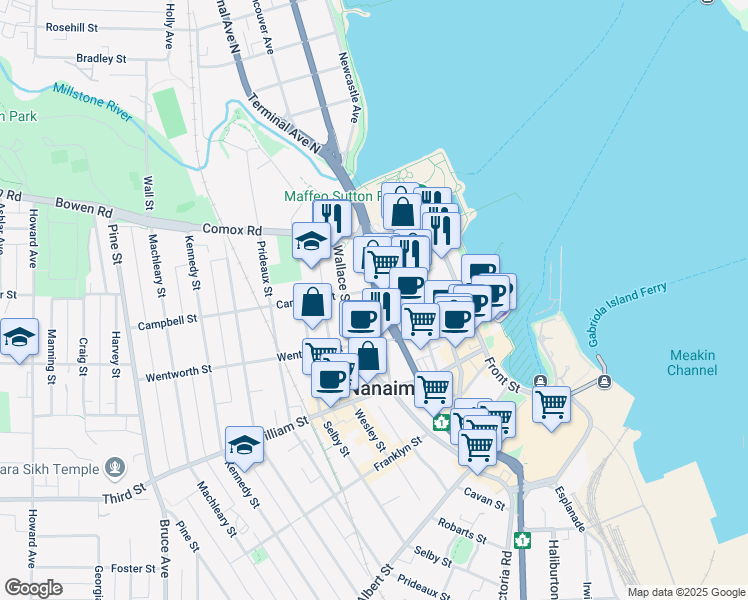 map of restaurants, bars, coffee shops, grocery stores, and more near 123 Fraser Street in Nanaimo