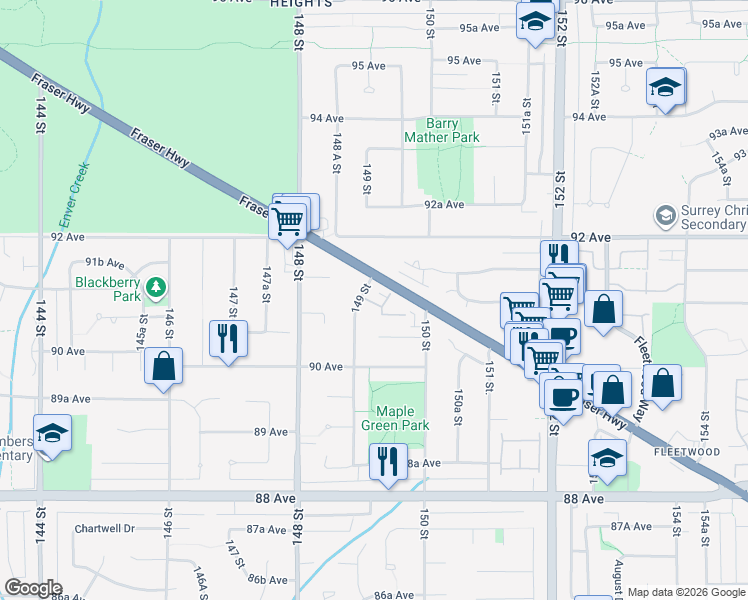 map of restaurants, bars, coffee shops, grocery stores, and more near 9118 149 Street in Surrey