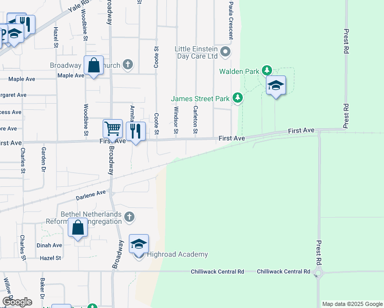 map of restaurants, bars, coffee shops, grocery stores, and more near 9139 Hiebert Street in Chilliwack