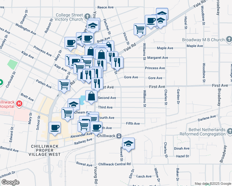 map of restaurants, bars, coffee shops, grocery stores, and more near 46080 First Avenue in Chilliwack