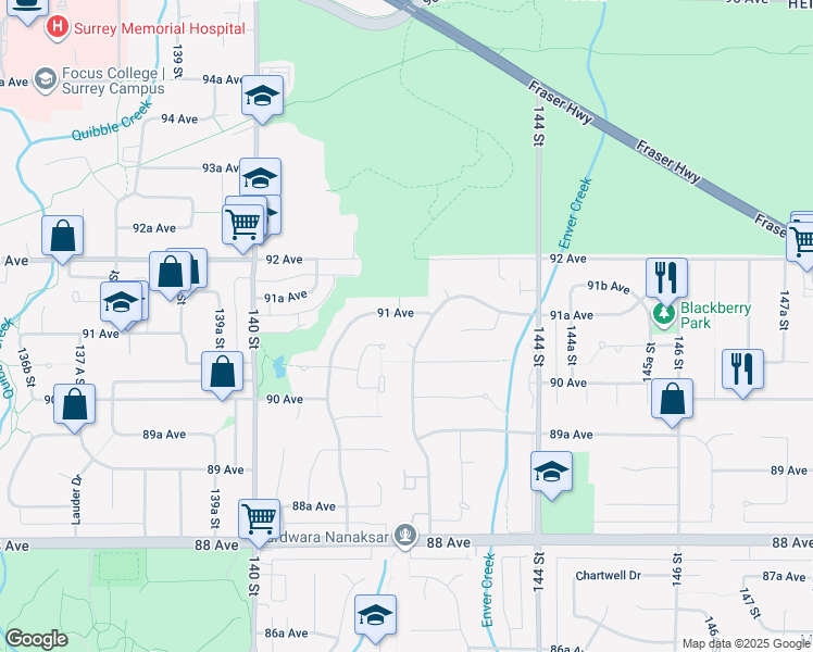 map of restaurants, bars, coffee shops, grocery stores, and more near 14222 91 Avenue in Surrey