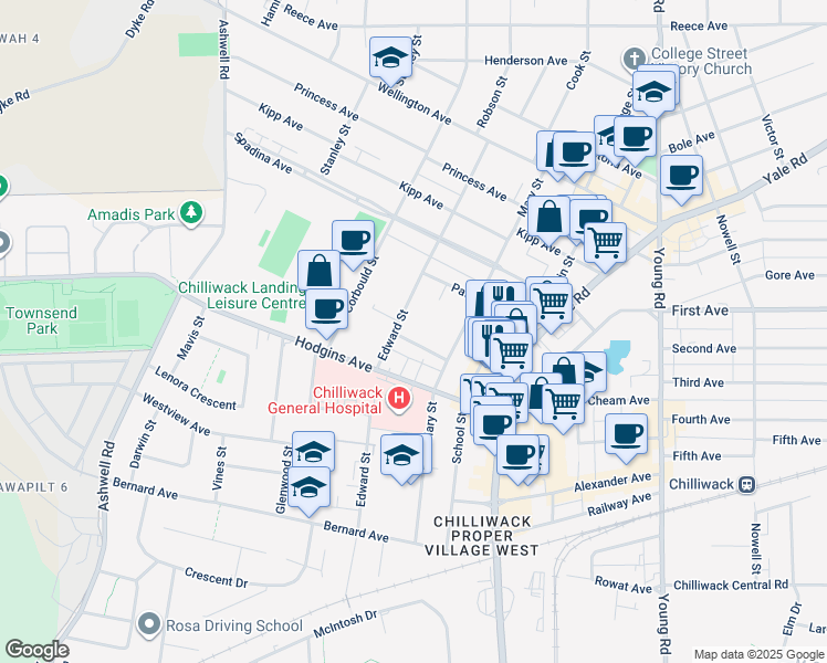 map of restaurants, bars, coffee shops, grocery stores, and more near 45615 Brett Avenue in Chilliwack